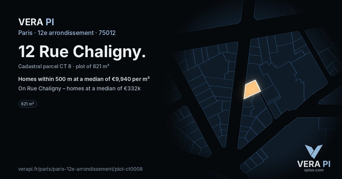 12 Rue Chaligny, 12e arrondissement at night – the plot lit, the parcels around coloured by the prices near them