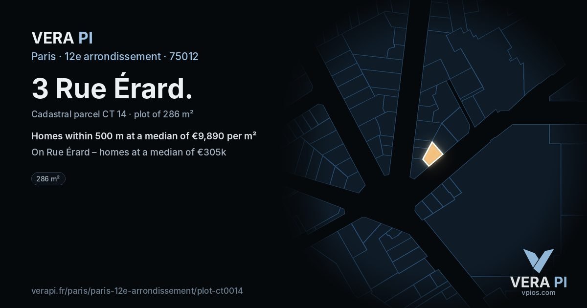3 Rue Érard, 12e arrondissement at night – the plot lit, the parcels around coloured by the prices near them