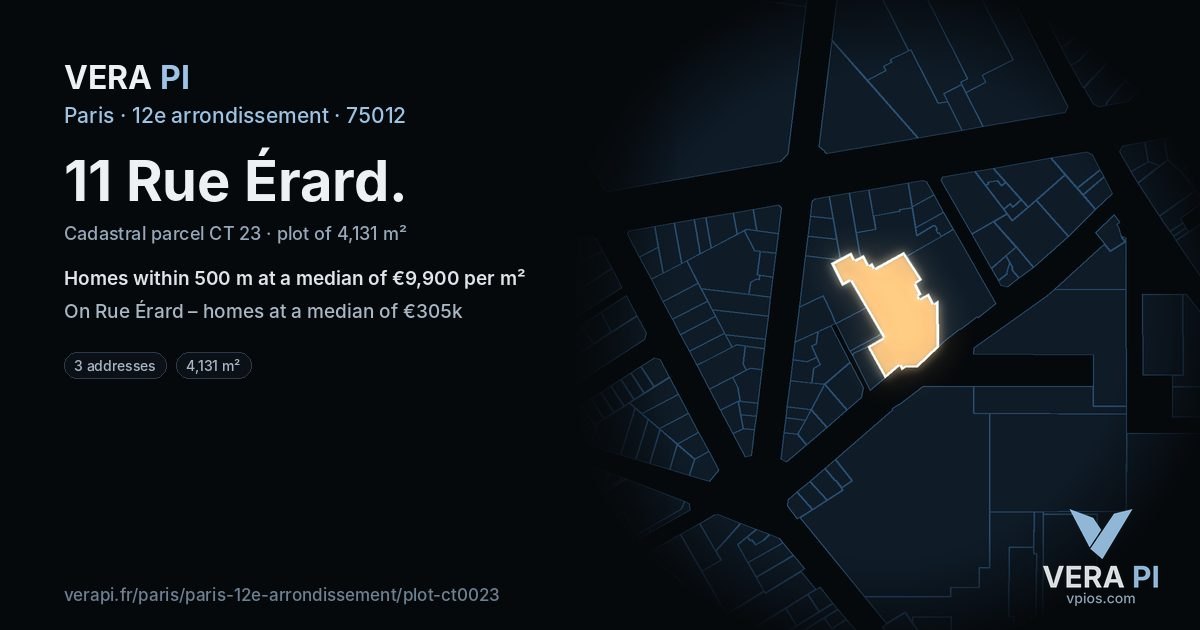 11 Rue Érard, 12e arrondissement at night – the plot lit, the parcels around coloured by the prices near them