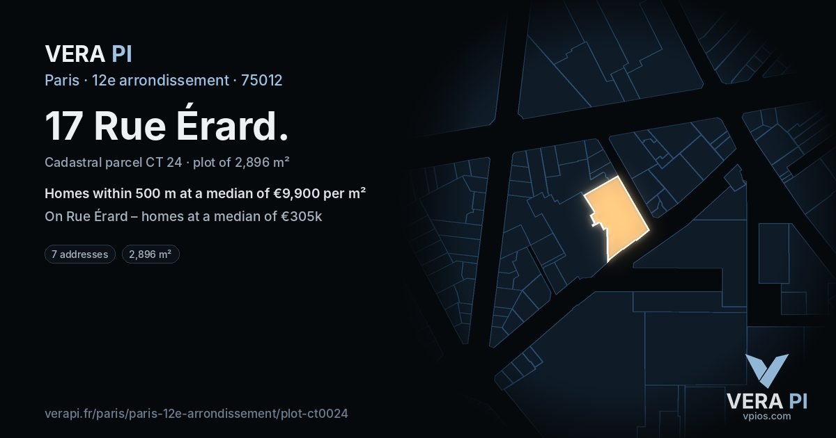 17 Rue Érard, 12e arrondissement at night – the plot lit, the parcels around coloured by the prices near them