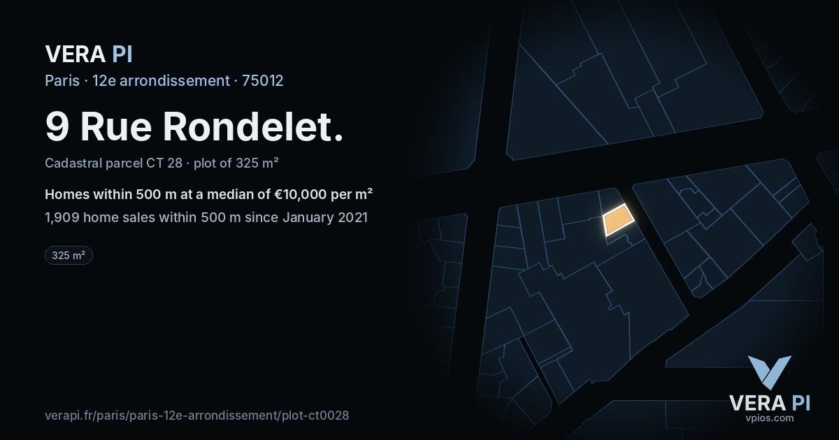 9 Rue Rondelet, 12e arrondissement at night – the plot lit, the parcels around coloured by the prices near them