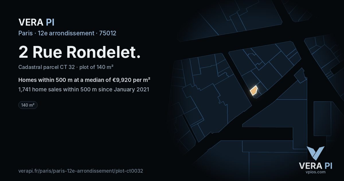 2 Rue Rondelet, 12e arrondissement at night – the plot lit, the parcels around coloured by the prices near them