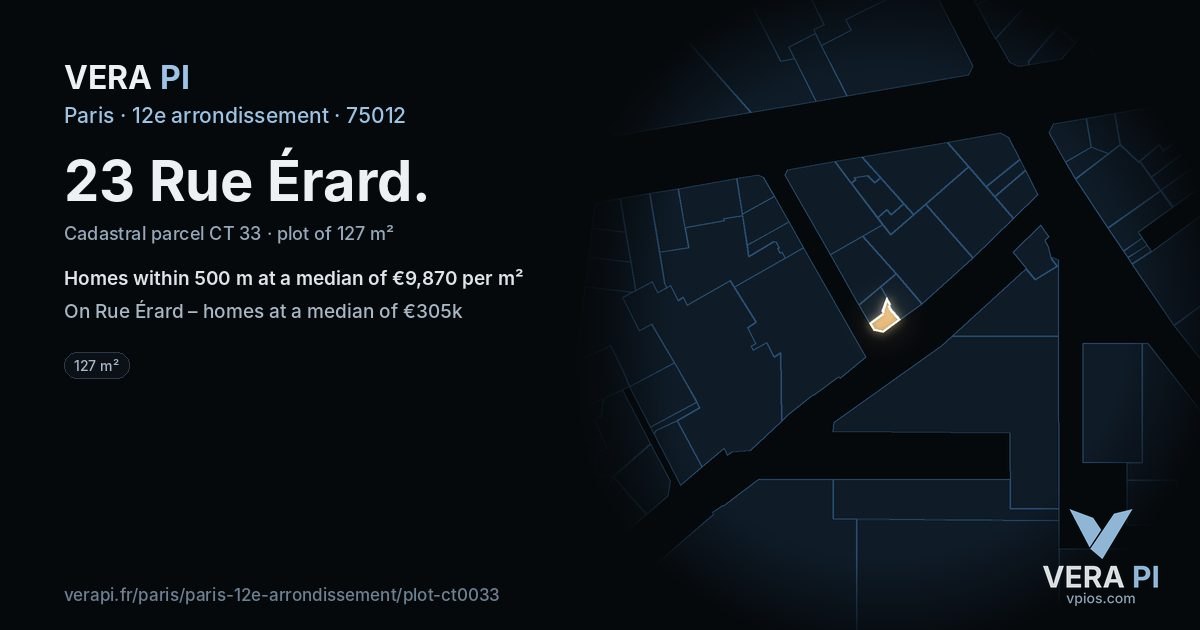 23 Rue Érard, 12e arrondissement at night – the plot lit, the parcels around coloured by the prices near them