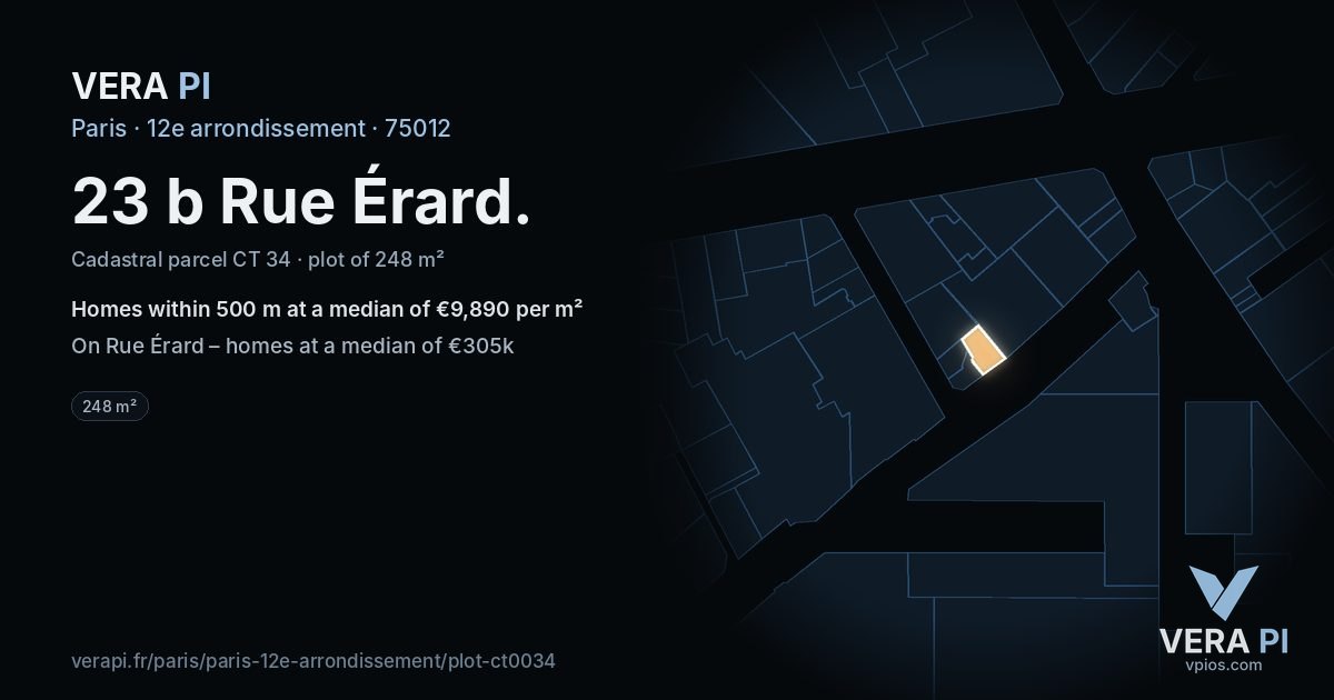 23 b Rue Érard, 12e arrondissement at night – the plot lit, the parcels around coloured by the prices near them