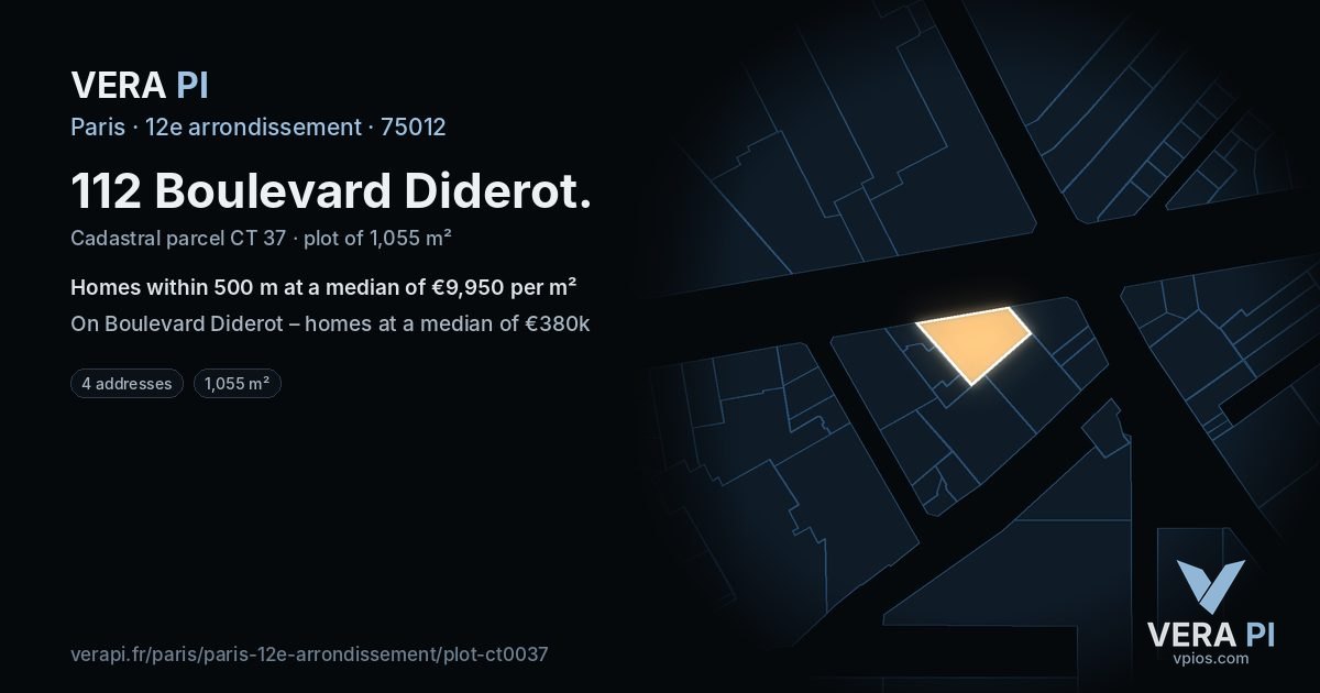 112 Boulevard Diderot, 12e arrondissement at night – the plot lit, the parcels around coloured by the prices near them