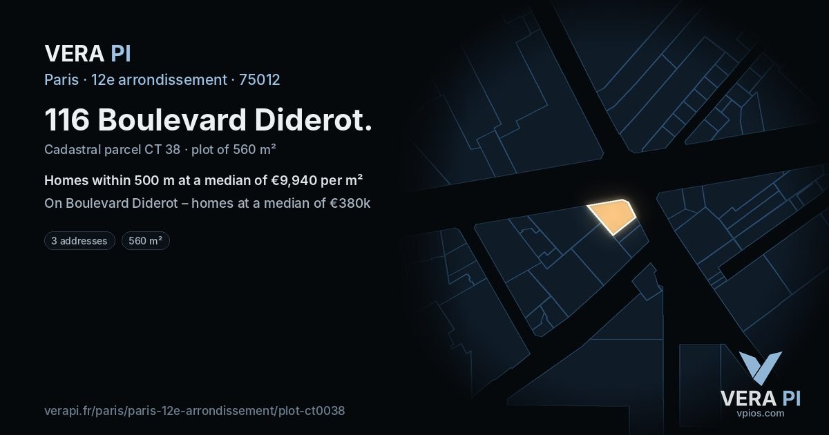 116 Boulevard Diderot, 12e arrondissement at night – the plot lit, the parcels around coloured by the prices near them