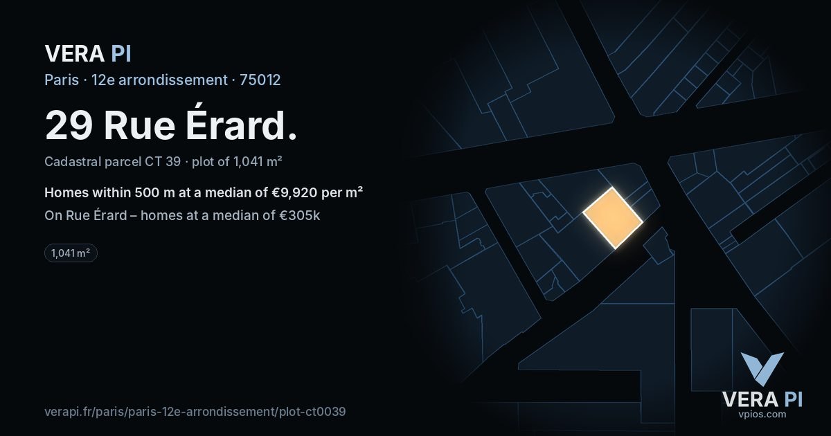 29 Rue Érard, 12e arrondissement at night – the plot lit, the parcels around coloured by the prices near them