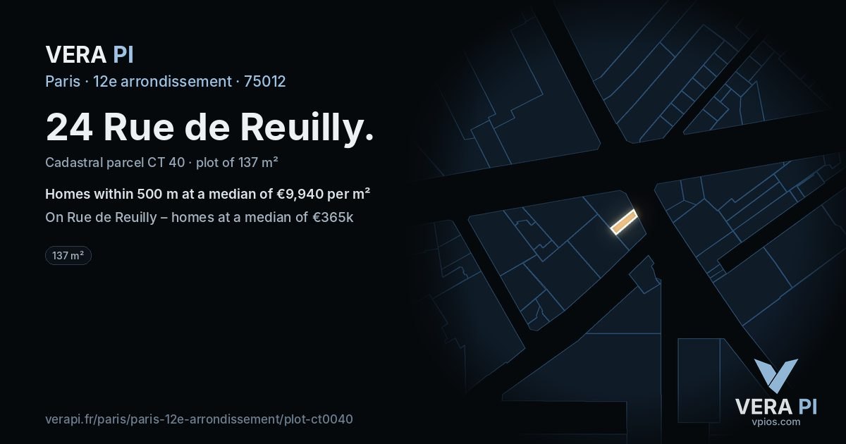 24 Rue de Reuilly, 12e arrondissement at night – the plot lit, the parcels around coloured by the prices near them