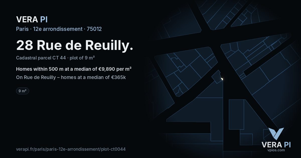 28 Rue de Reuilly, 12e arrondissement at night – the plot lit, the parcels around coloured by the prices near them