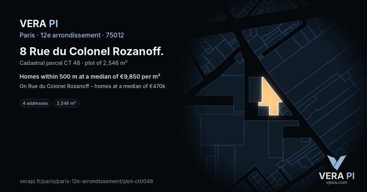 8 Rue du Colonel Rozanoff, 12e arrondissement at night – the plot lit, the parcels around coloured by the prices near them