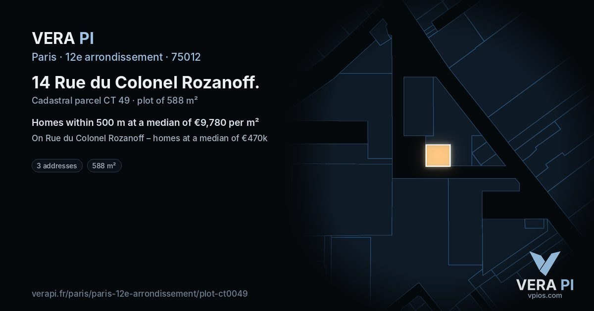14 Rue du Colonel Rozanoff, 12e arrondissement at night – the plot lit, the parcels around coloured by the prices near them