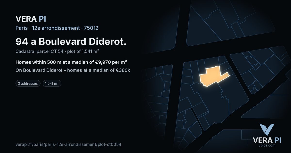 94 a Boulevard Diderot, 12e arrondissement at night – the plot lit, the parcels around coloured by the prices near them