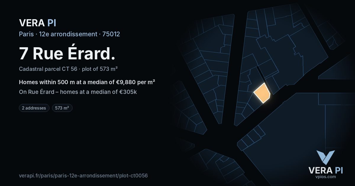 7 Rue Érard, 12e arrondissement at night – the plot lit, the parcels around coloured by the prices near them