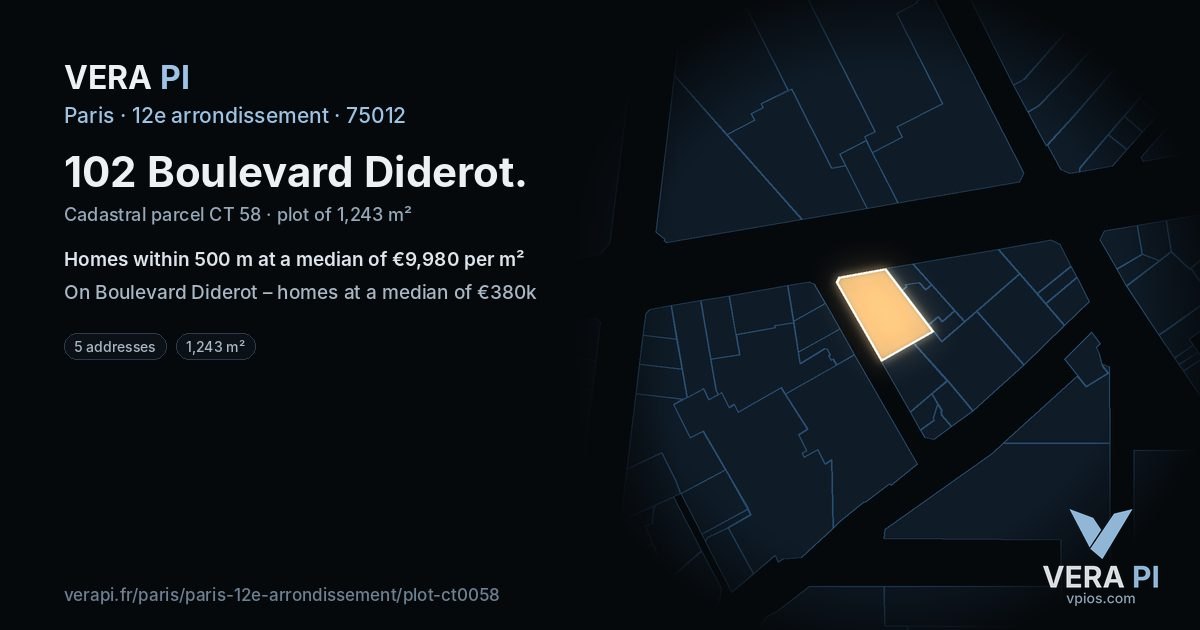 102 Boulevard Diderot, 12e arrondissement at night – the plot lit, the parcels around coloured by the prices near them