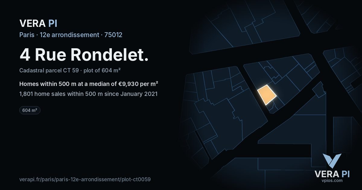 4 Rue Rondelet, 12e arrondissement at night – the plot lit, the parcels around coloured by the prices near them