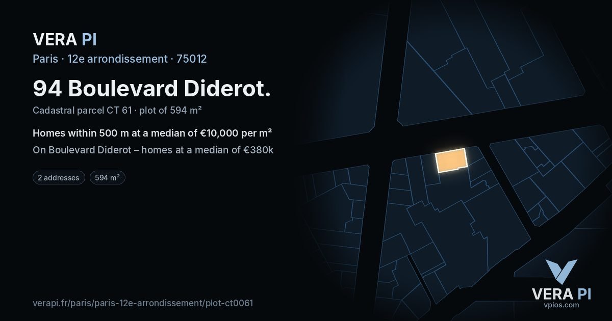 94 Boulevard Diderot, 12e arrondissement at night – the plot lit, the parcels around coloured by the prices near them