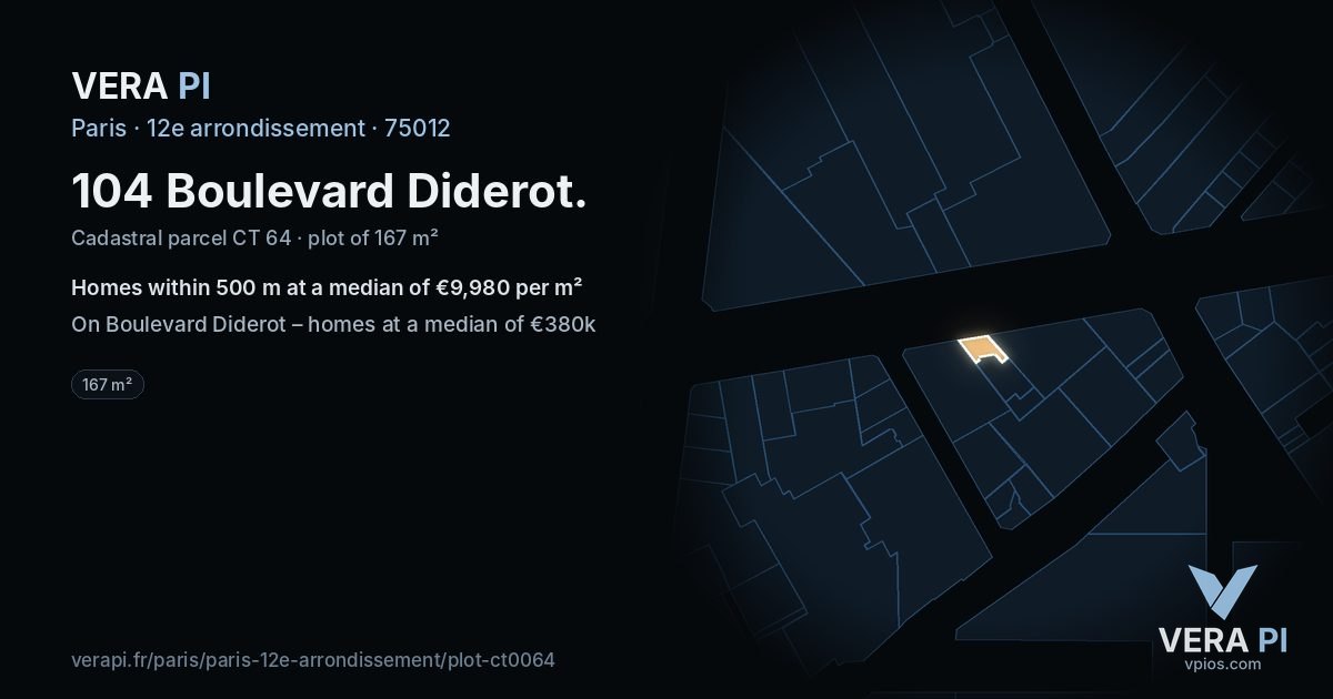 104 Boulevard Diderot, 12e arrondissement at night – the plot lit, the parcels around coloured by the prices near them