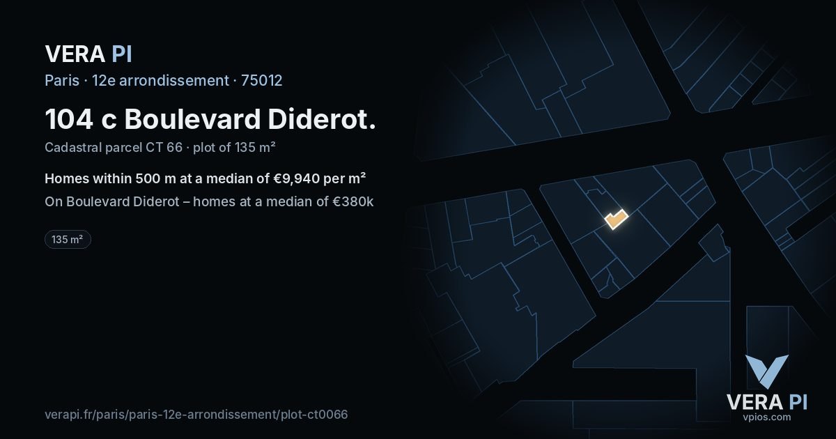 104 c Boulevard Diderot, 12e arrondissement at night – the plot lit, the parcels around coloured by the prices near them