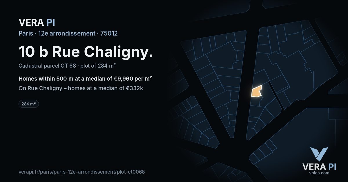 10 b Rue Chaligny, 12e arrondissement at night – the plot lit, the parcels around coloured by the prices near them
