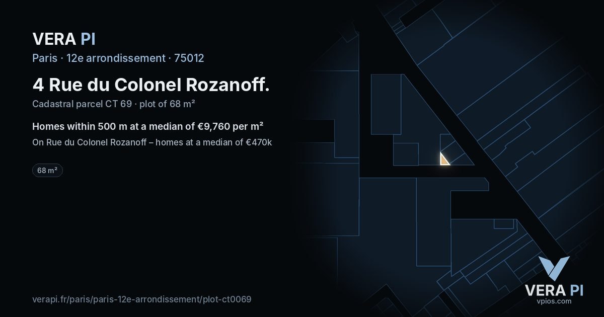 4 Rue du Colonel Rozanoff, 12e arrondissement at night – the plot lit, the parcels around coloured by the prices near them