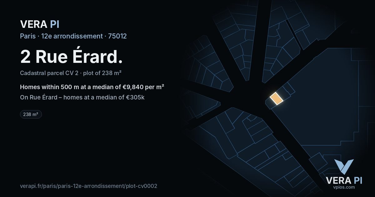 2 Rue Érard, 12e arrondissement at night – the plot lit, the parcels around coloured by the prices near them