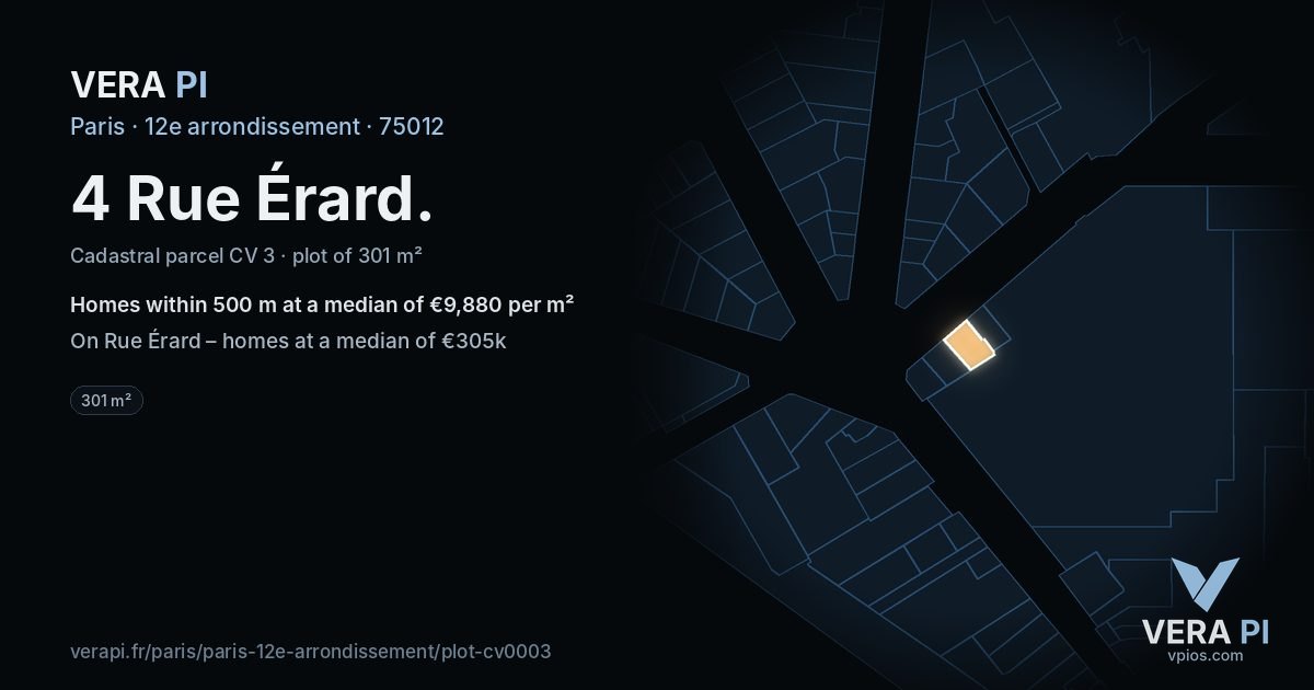 4 Rue Érard, 12e arrondissement at night – the plot lit, the parcels around coloured by the prices near them