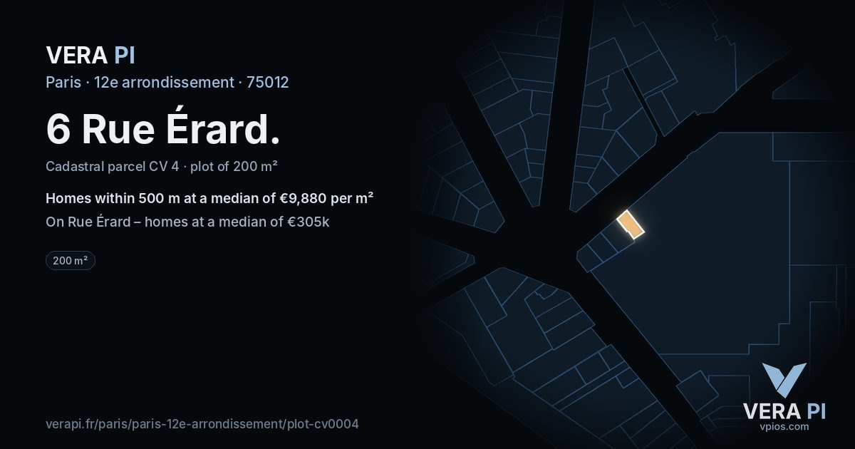 6 Rue Érard, 12e arrondissement at night – the plot lit, the parcels around coloured by the prices near them