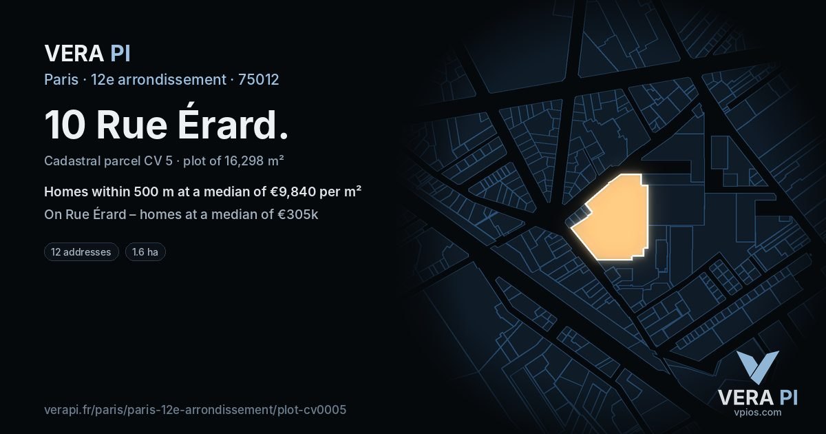 10 Rue Érard, 12e arrondissement at night – the plot lit, the parcels around coloured by the prices near them