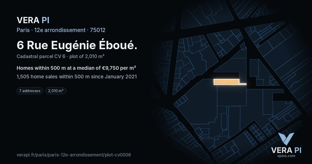 6 Rue Eugénie Éboué, 12e arrondissement at night – the plot lit, the parcels around coloured by the prices near them
