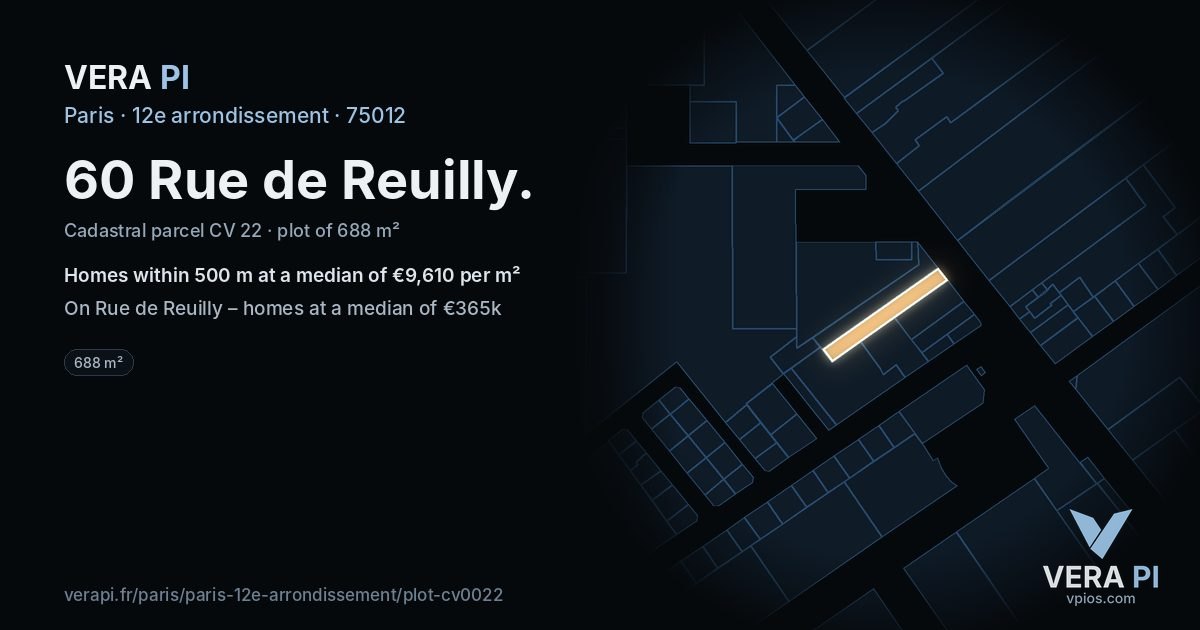 60 Rue de Reuilly, 12e arrondissement at night – the plot lit, the parcels around coloured by the prices near them
