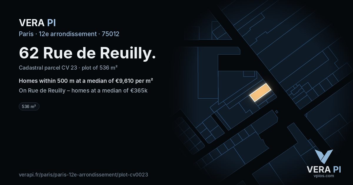 62 Rue de Reuilly, 12e arrondissement at night – the plot lit, the parcels around coloured by the prices near them