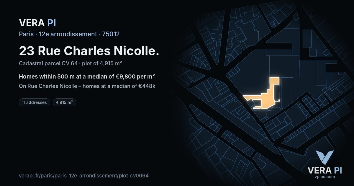 23 Rue Charles Nicolle, 12e arrondissement at night – the plot lit, the parcels around coloured by the prices near them