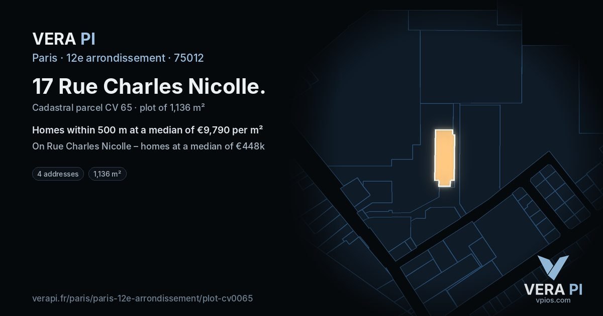 17 Rue Charles Nicolle, 12e arrondissement at night – the plot lit, the parcels around coloured by the prices near them