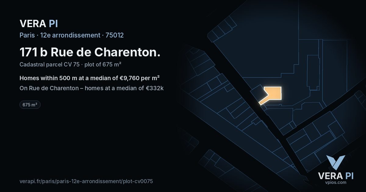 171 b Rue de Charenton, 12e arrondissement at night – the plot lit, the parcels around coloured by the prices near them