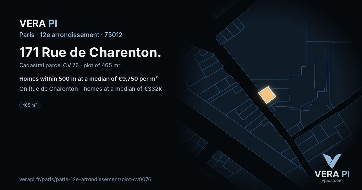 171 Rue de Charenton, 12e arrondissement at night – the plot lit, the parcels around coloured by the prices near them
