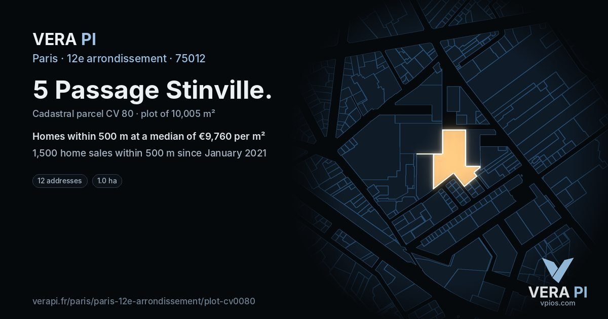 5 Passage Stinville, 12e arrondissement at night – the plot lit, the parcels around coloured by the prices near them