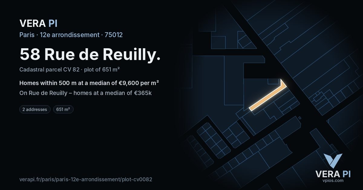 58 Rue de Reuilly, 12e arrondissement at night – the plot lit, the parcels around coloured by the prices near them