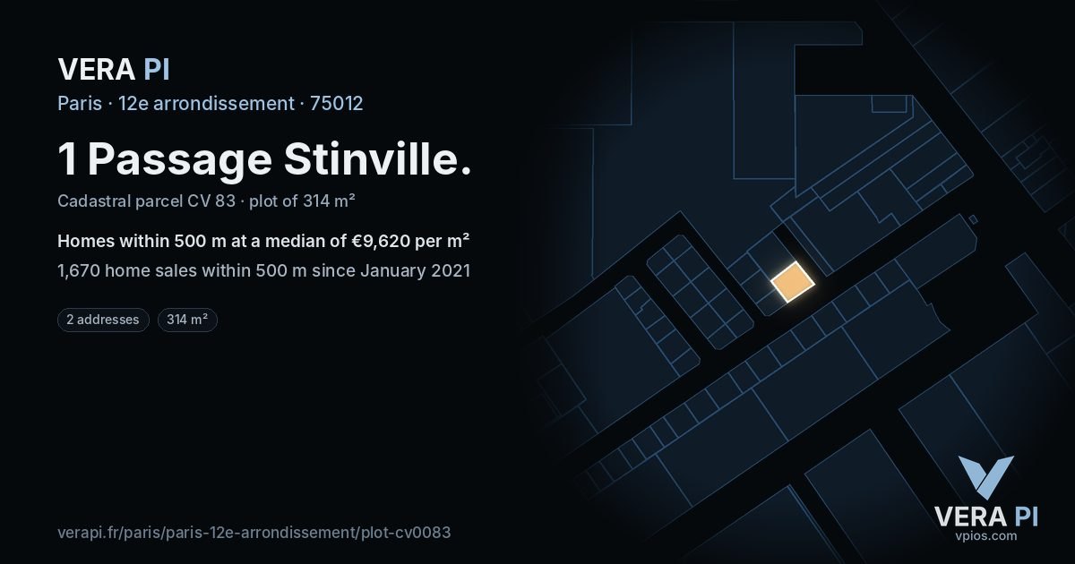 1 Passage Stinville, 12e arrondissement at night – the plot lit, the parcels around coloured by the prices near them