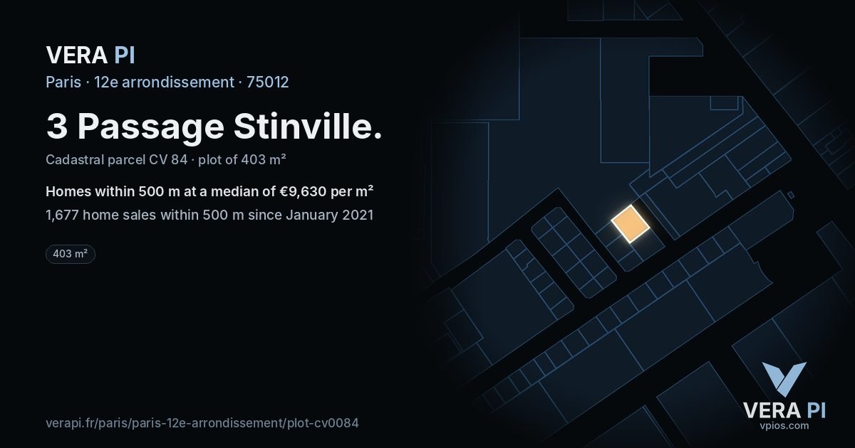 3 Passage Stinville, 12e arrondissement at night – the plot lit, the parcels around coloured by the prices near them
