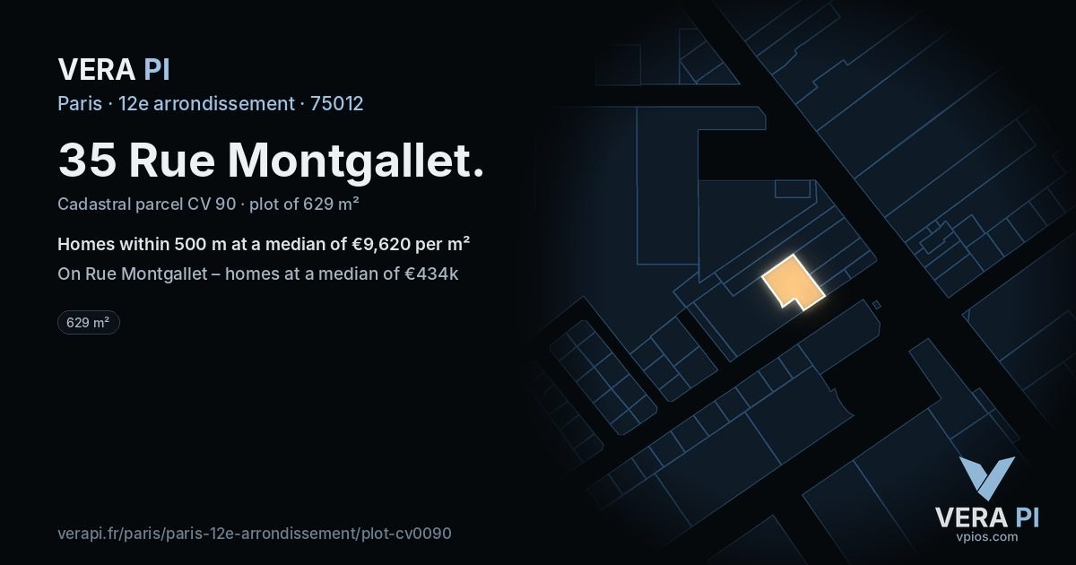 35 Rue Montgallet, 12e arrondissement at night – the plot lit, the parcels around coloured by the prices near them