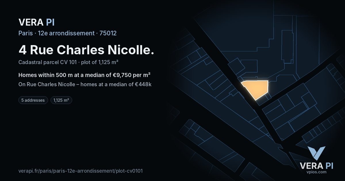 4 Rue Charles Nicolle, 12e arrondissement at night – the plot lit, the parcels around coloured by the prices near them