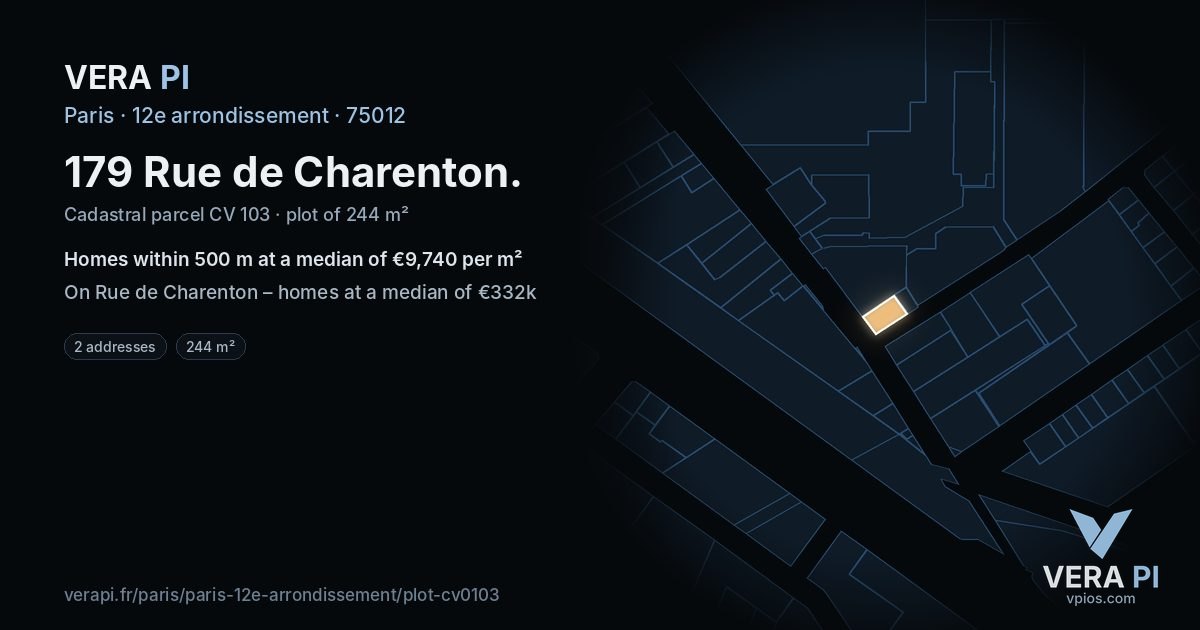 179 Rue de Charenton, 12e arrondissement at night – the plot lit, the parcels around coloured by the prices near them