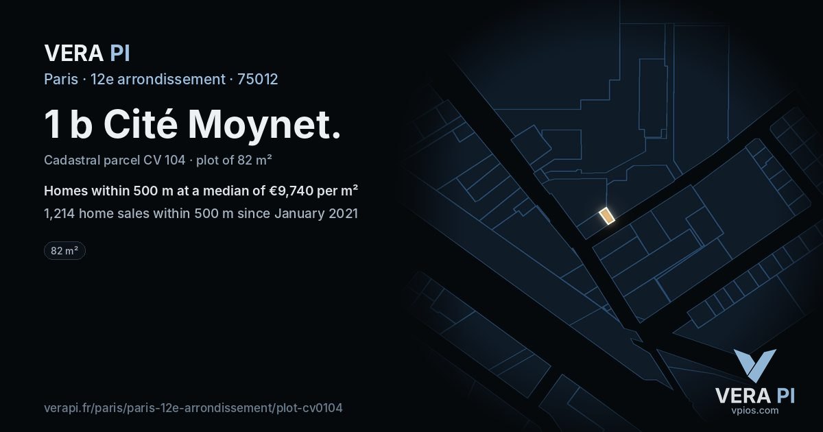 1 b Cité Moynet, 12e arrondissement at night – the plot lit, the parcels around coloured by the prices near them