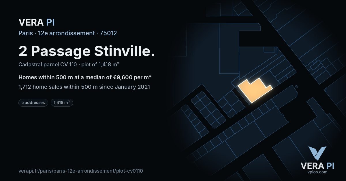 2 Passage Stinville, 12e arrondissement at night – the plot lit, the parcels around coloured by the prices near them