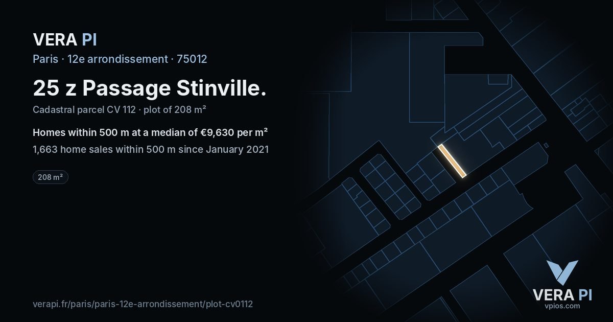 25 z Passage Stinville, 12e arrondissement at night – the plot lit, the parcels around coloured by the prices near them
