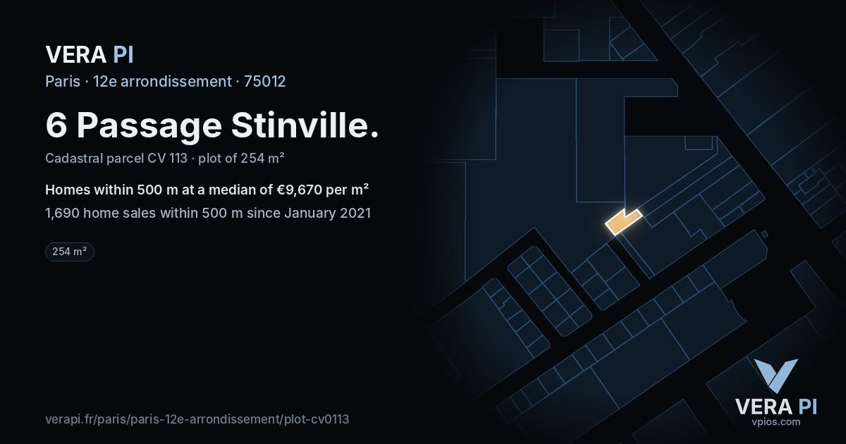 6 Passage Stinville, 12e arrondissement at night – the plot lit, the parcels around coloured by the prices near them