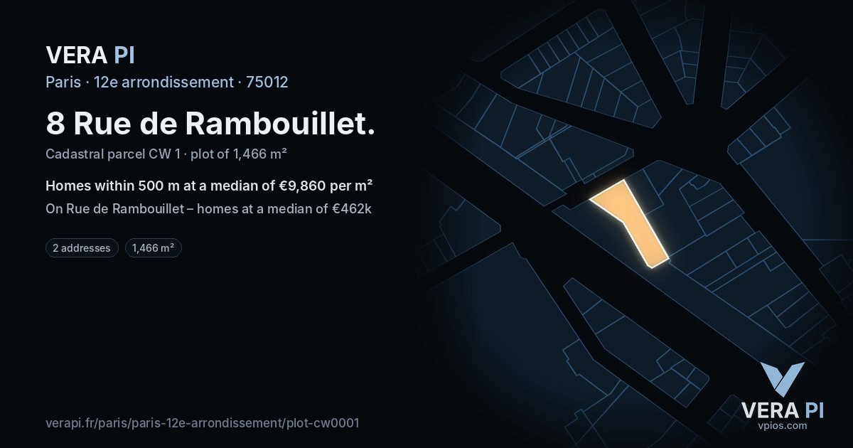 8 Rue de Rambouillet, 12e arrondissement at night – the plot lit, the parcels around coloured by the prices near them
