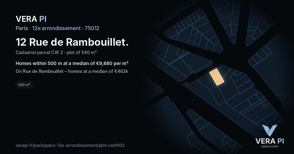 12 Rue de Rambouillet, 12e arrondissement at night – the plot lit, the parcels around coloured by the prices near them