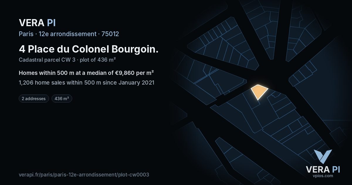4 Place du Colonel Bourgoin, 12e arrondissement at night – the plot lit, the parcels around coloured by the prices near them