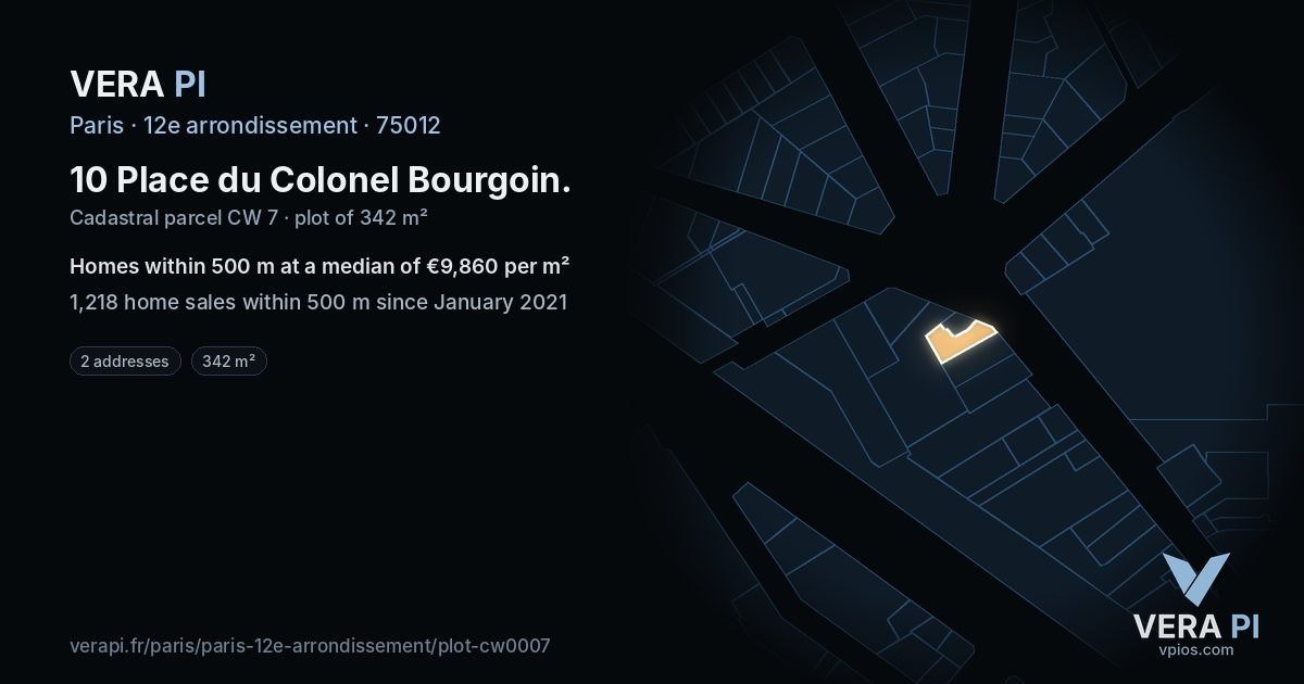10 Place du Colonel Bourgoin, 12e arrondissement at night – the plot lit, the parcels around coloured by the prices near them